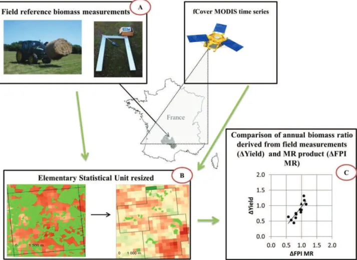 Figure  4.  Workflow  of  the  direct  comparison  methodology.  fCover  =  fraction  of  green  vegetation  cover;  MODIS  =  Moderate  Resolution  Imaging  Spectroradiometer;   MR = Moderate Resolution; FPI = Forage Production Index