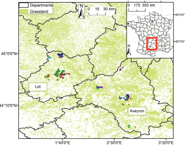 Figure  2. Sampling sites in the Lot and Aveyron departments. Colored dots represent the  grassland plot sampled with each color representing one of 28 participating farms