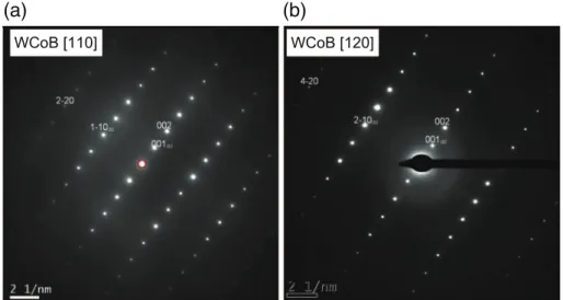 Fig. 4. TEM electron diffraction patterns of the WCoB phase: a — diffraction on [110]; b — diffraction on [120] [13].