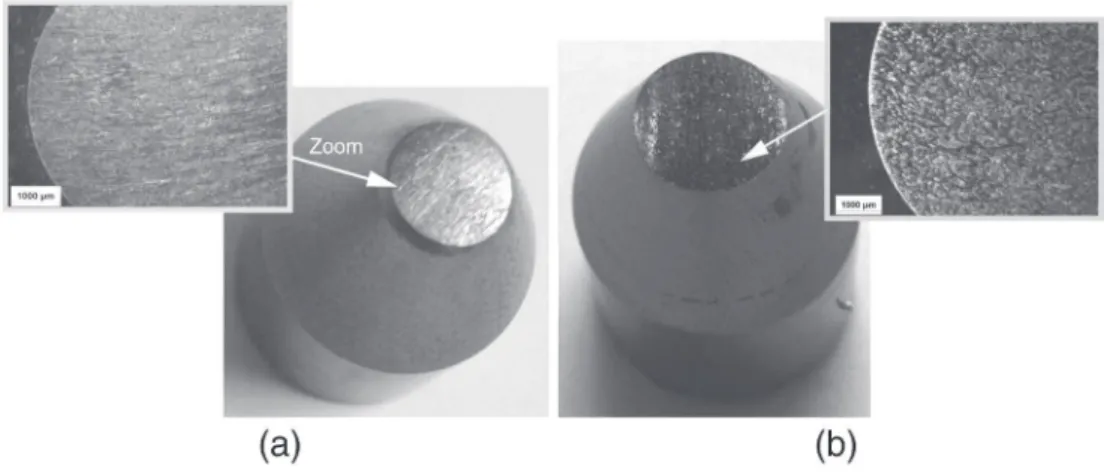 Fig. 13. General and microscopic views of worn surfaces and material transfers: a — insert P12; b — P12-RI.