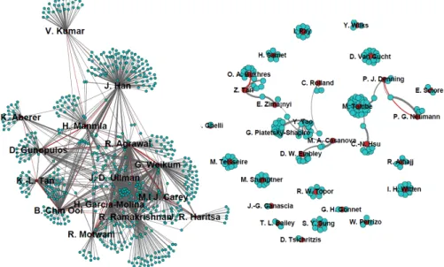 Fig. 9: The patterns ranked 1 st (left) and 8 th (right) from the DBLP network w.r.t. growth rate