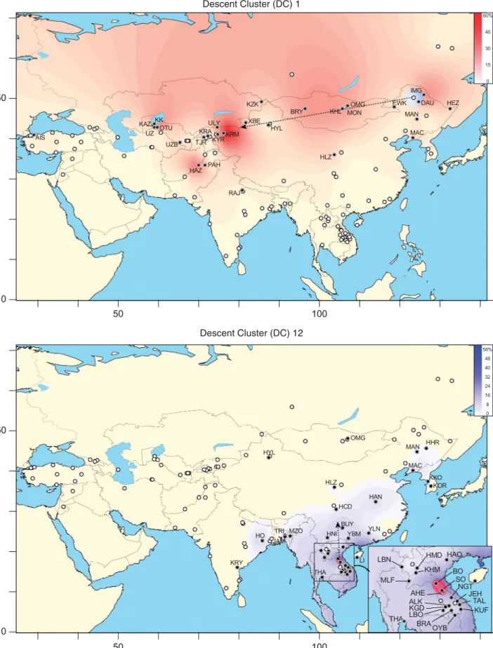 Figure 3 Geographical distribution of frequency and microsatellite variance for two DCs