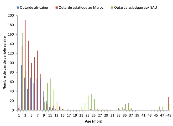 Figure 11. Incidence de la variole aviaire par âge pour les trois populations étudiées