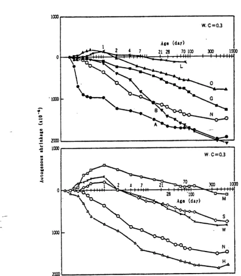 Figure 2.2 : Influence du type de ciment sur Ie retrait endogene d'un coulis [Tazawa et al, 1995]