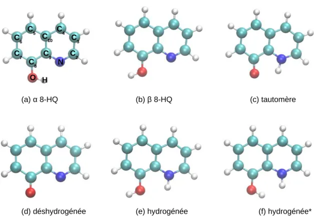 Figure 2.17 – Mol´ ecule 8HQ et ses d´ eriv´ es, C i : atomes de carbones, N : atome d’azote, O : atome d’oxyg` ene, H : atomes d’hydrog` ene.