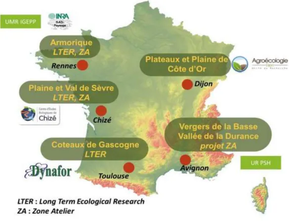 Figure 2 : Cartographie représentant les cinq sites d’étude SEBIOPAG (UMR DYNAFOR 2011)