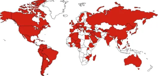 Figure 24 : carte de distribution (en rouge) dans le monde des cas humains de Fasciolose à Fasciola  sp