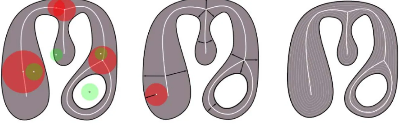 Figure 2.6: Three different definitions of the medial axis: centers of maximal balls (left ), points having at least two closest neighbors on the boundary (middle), and shock graph of a grass-fire evolution from the boundary (right ) (images from [Tagliasa