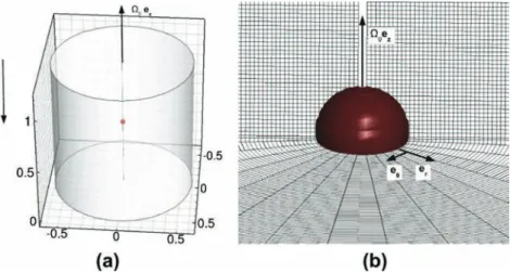 Fig. 11. Iso-surfaces of density fluctuations d q generated by an oscillating sphere in a rotating stratified fluid at (a) t r =ð2 p Þ ¼ 4:7 and (b) t r =ð2 p Þ ¼ 5:2 for Re ¼ 100; Fr ¼ 0:8; C ¼ 0:316 and A 0 =R ¼ 1