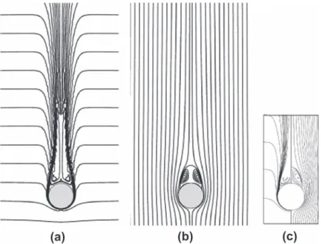 Fig. 15. Isopycnals (a) and streamlines (b) when Fr ¼ 20; Re ¼ 200, and Sc  1 at tU 0 =R ¼ 52 (the sphere has crossed a distance of 13D)