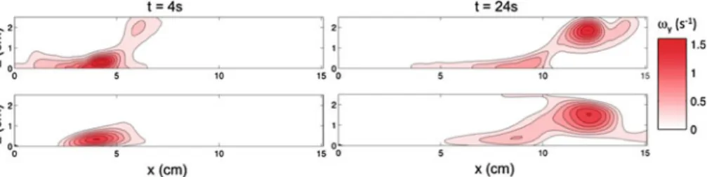 Fig. 2 Spanwise vorticity ω y (s −1 ), in the vertical symmetry plane. Comparison at two different times between 2D PIV (top) and 3D-3C scanning PIV (bottom) measurements