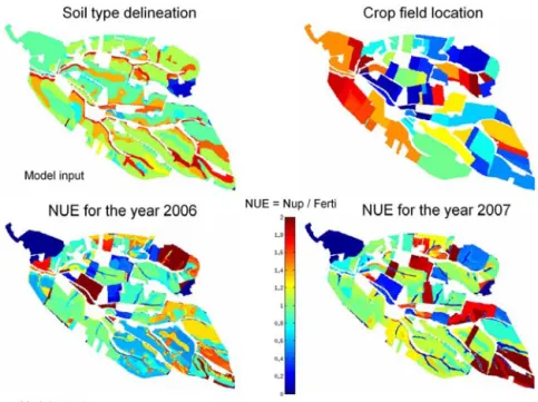 Figure 9. Soil and crop-field map used in TNT2 (top). Spatial NUEs for the years 2006 and 2007 (bottom left and right, respectively)