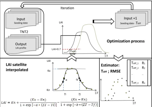 Figure 2. Process of optimization of the seeding date by matching the early variations of simulated LAI with the interpolated LAI derived from F2 image series at crop-field scale