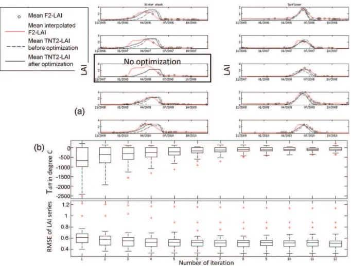 Figure 5. (a) Average LAI computed at the crop-field level for winter wheat (left) and sunflower (right) for each year of simulation (lines)