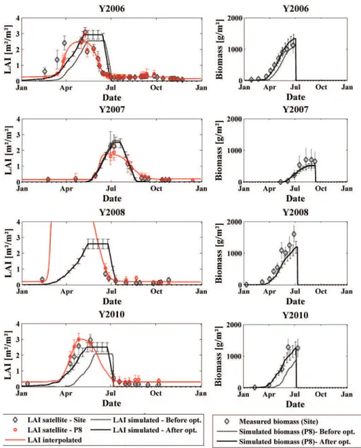 Figure 7. LAI and biomass simulated for 4 years in the crop within the catchment that exhibits a cropping pattern comparable to the experimental crop field (except in 2009) where the ground measurements are carried out