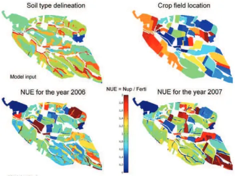 Figure 9. Soil and crop-field map used in TNT2 (top). Spatial NUEs for the years 2006 and 2007 (bottom left and right, respectively)