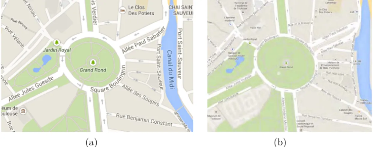 Figure 3.15 – Le quartier du Grand Rond à Toulouse. Selon le niveau de zoom, l’image est plus ou moins détaillée.