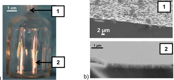 Fig. 4 : (a) Photograph of a coated glass bottle and (b) SEM cross-section micrographs of alumina coatings 