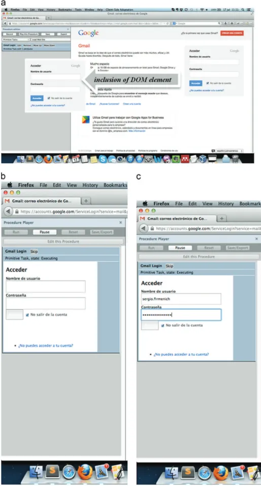 Fig. 16. Creation of a procedure embedding DOM element login using the procedure plugin in English version of Firefox for Mac OS, with Gmail in Spanish