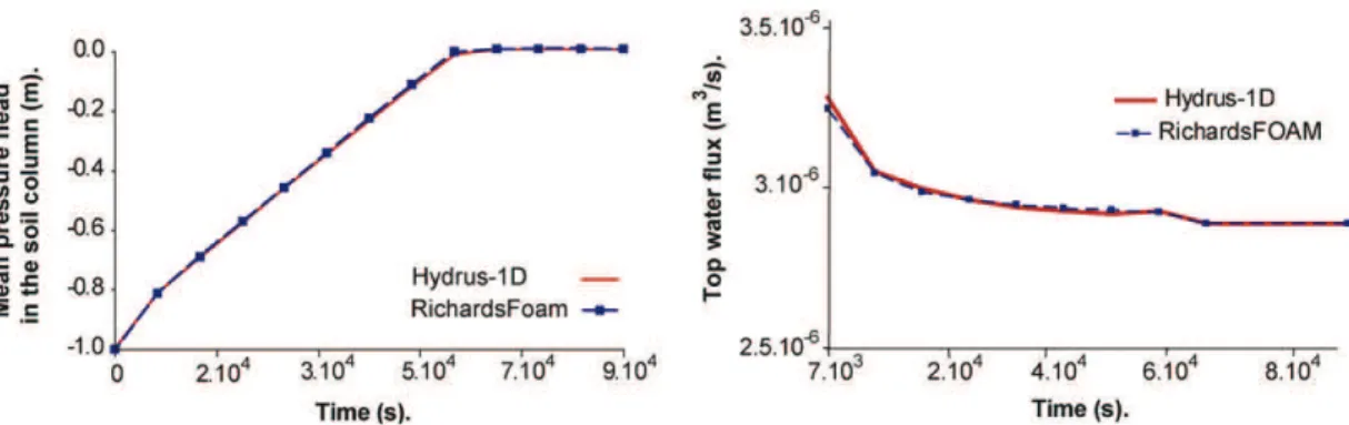 Fig. 2. Comparison of Hydrus-1D results and RichardsFOAM results for a 1D transient case.