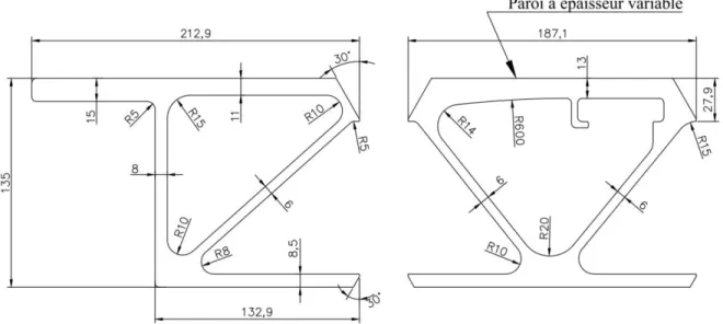 Figure 2-16. Dimensions des extrusions de rive du platelage pour la glissière MTQ 210a 