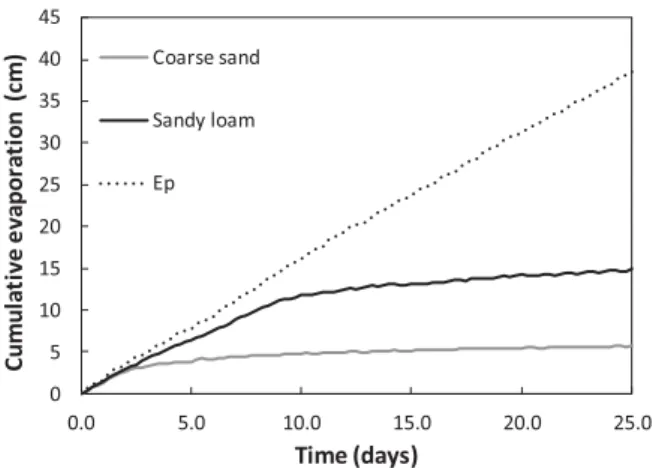 Figure 4. Cumulative evaporation with time for the water-ﬁlled column (E p ) and for the homogeneous coarse sand (C) and sandy loam (F) columns.