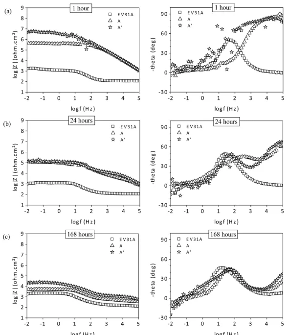 Fig. 16. Bode diagrams of the EIS spectra obtained for the bare magnesium substrate, and covered by the bilayer systems A and A ′ , after 1 h (a), 24 h (b) and 168 h (c) of immersion in 0.05 M of NaCl.