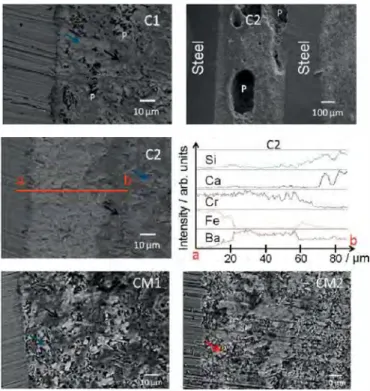 Fig. 4  Microgrophs  of  steel-glass  interfaces  ofter  on ogeing  operotion  of  1,000 h  et  800 °C  under  air  (black  orrows  BoCa  silicates,  blue  orrows:  Ba silicates, red orrow: Mg silicates, p: pore)