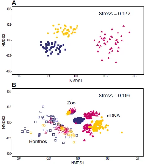 Figure  5.  Biodiversity  differences  A)  among  ports  based  on  eDNA  only  and  B)  among  sampling  methods  within  ports