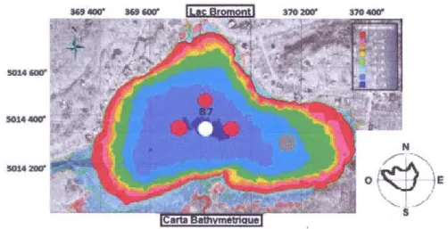 Figura  2.1Carta  batimétrica  del  lago  Bromont.  El  punto  blanco  B7  representa  la  estaci6n  central  (parte  mas  pro  fun  da  del  lago  ),  los  puntos  rojos  representan  la  localizaci6n  de  la  cadena  de  termistores  y  el  punto  gris  