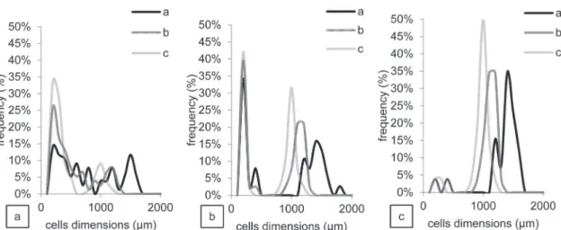 Fig. 6. (a–c) Size distributions of cells (a) with original images, (b) after application of a dilatation-erosion filter, (c) after application of a dilatation-erosion filter and elimination of unconnected porosity.