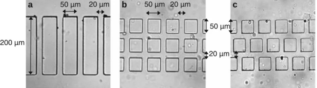 Fig. 1 a Straight parallel microchannels, b connected microchannels or aligned square pillars c staggered square pillars