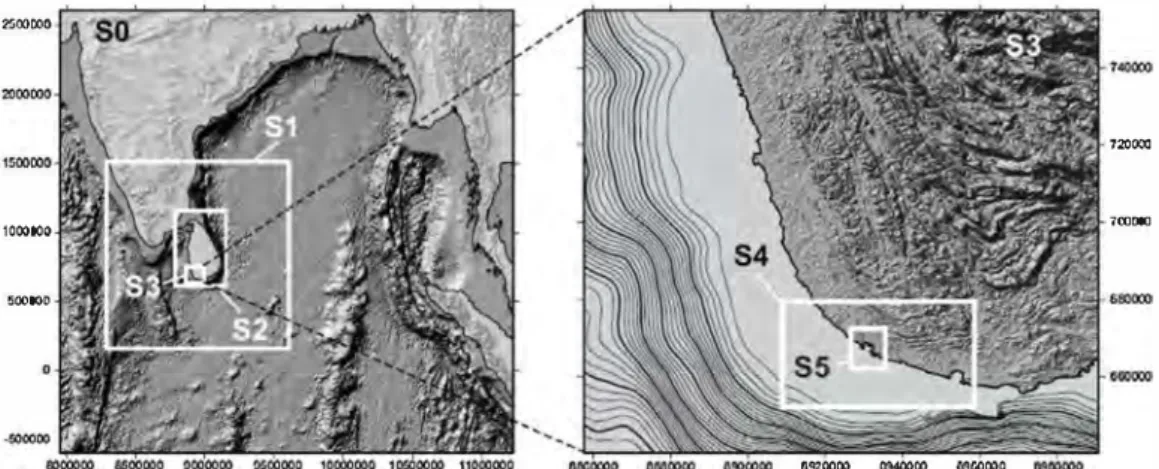 Fig. 12.  The locations of the six nested grids used in our simulation. 