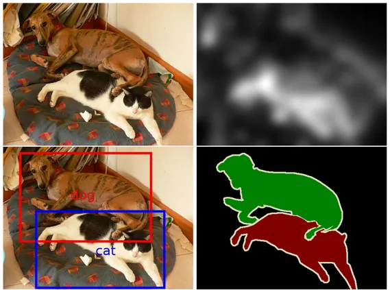 Figure 2.1: Challenges in visual content analysis: original image and saliency as computed by [Itti 1998] (top), object detection and object segmentation (bottom).