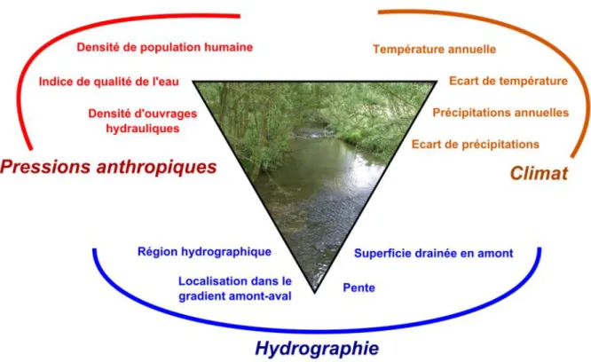 Figure 2.3. Synthèse des variables environnementales utilisées pour modéliser la distribution spatiales  des espèces de poissons