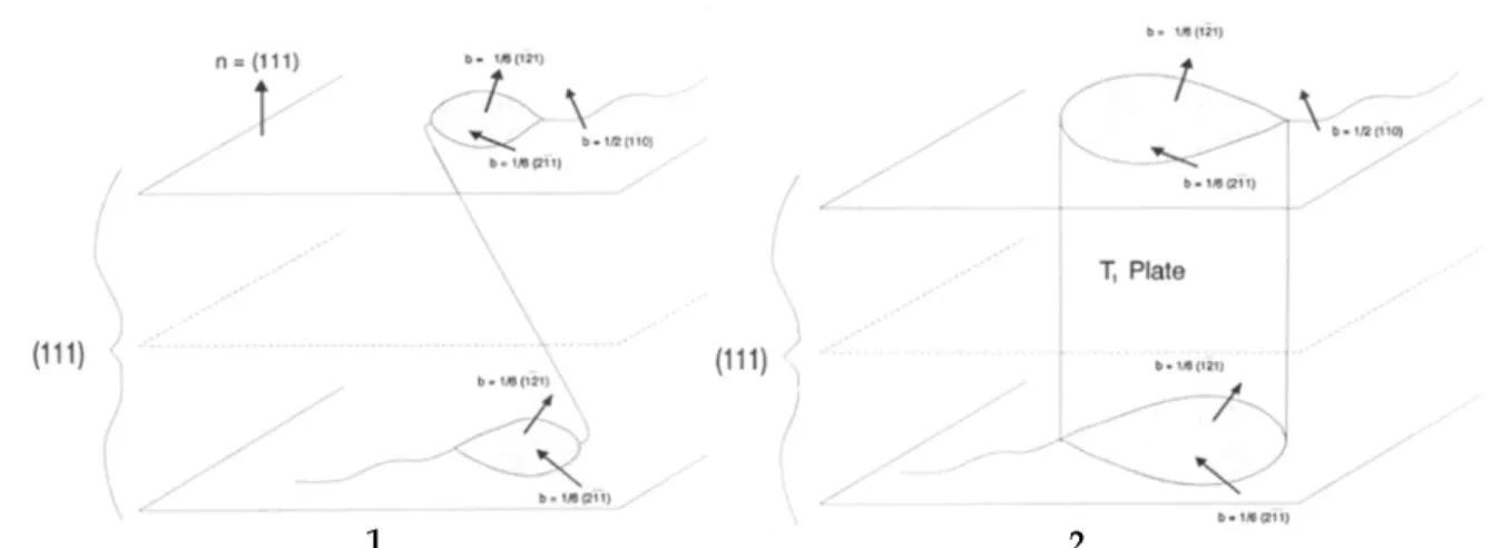 Figure III-17 : Représentation schématique du mécanisme de germination de la phase T 1  sur les crans  des dislocations [17]