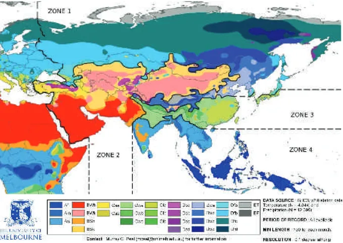 Figure 2 : Délimitation des zones d’intérêts et classification de Köppen-Geiger du climat asiatique, d’après  Peel et al