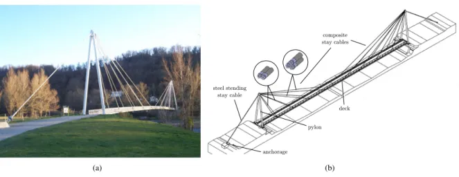Fig. 1: Laroin footbridge: Picture (a) and structure (b).