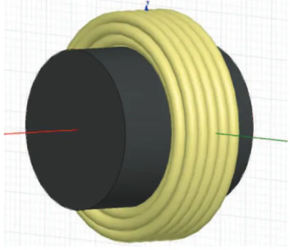 Fig. 10. Inductor layout for FE Electrostatic analysis: iron core (grey  zone), copper turns (white circles) surrounded by a coating thickness