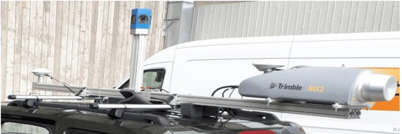 Figure 3.6 – Syst` eme lidar mobile Trimble MX2 single head mont´ e sur le rack install´ e sur le toit d’un v´ ehicule.