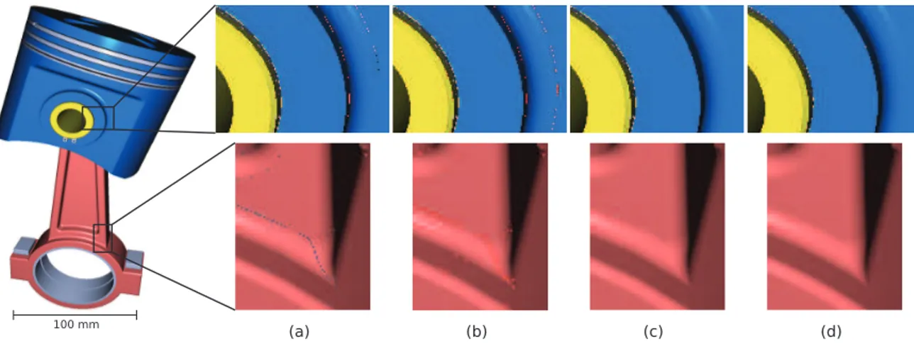 Figure 3: (a) result of step 1 after dynamic model tesselation, with numerous cracks in the rendering