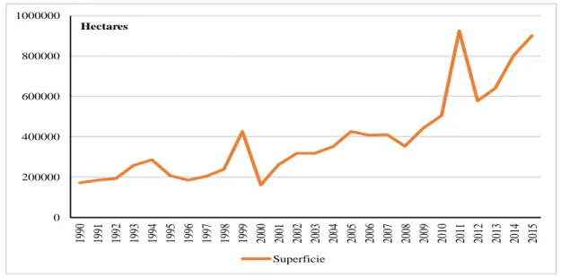 Figure 4. Évolution de la superficie du maïs, Mali; 1990 à 2015.  Source : auteur à partir de la base des données de CPS/SDR (countrystat).