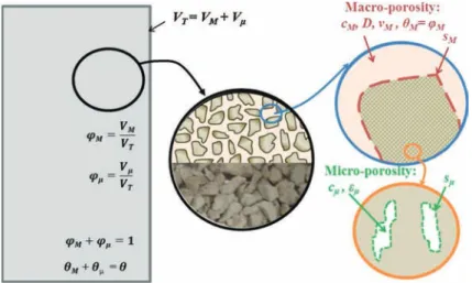 Fig. 2 Schematic representation of the two pore domains in the column. V T , V M , and Vµ are the total, macroscopic, and microscopic volumes, respectively (L 3 ); ϕ M and ϕ µ are the volume fraction of macroscopic and microscopic domains, respectively (−)