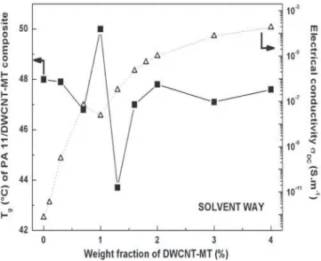Fig. 5. Variation of T g obtained by DSC for aged PA 11/DWCNT-CIRIMAT nanocomposites prepared by extrusion as a function of CNT weight content (ﬁlled square and solid line)
