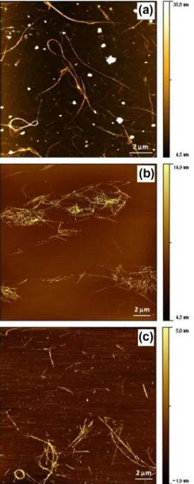 Fig. 8 – Picture of water suspensions (100 mg/L) after 24 h of sedimentation containing (a) raw DWNTs treated by (b) method 2; (c) method 1; (d) method 3; (e) method 4 and (f) method 5