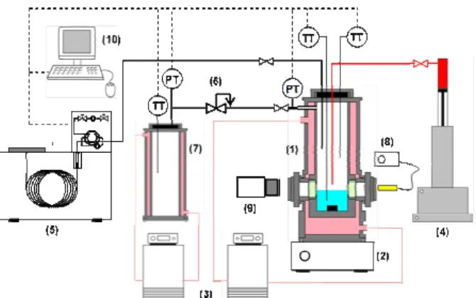 Figure 1 Schematic diagram of the experimental  setup. (1) hydrate forming cell; (2) magnetic  agitator; (3) thermostatic baths; (4) syringe pump; 