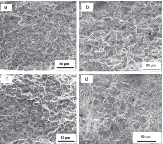 Fig. 9. Fracture surfaces observations made by SEM of hydrogen precharged HT metallurgical state at (a) 25 1C, (b) 80 1C, (c) 150 1C and (d) 320 1C (5 ! 10 " 4 s " 1 ).