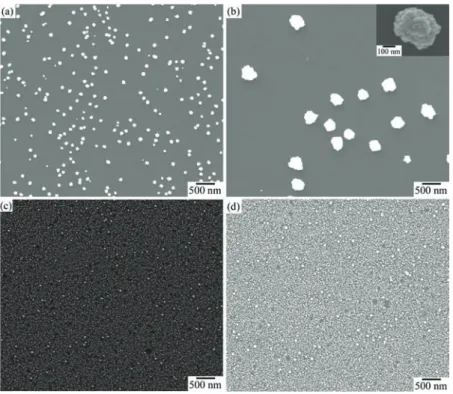 Fig. 3. FEG-SEM images of AuNPs-GC electrodes prepared from a deaerated 0.1 M NaNO 3 solution containing 0.25 mM HAuCl 4 by CPE at 0.7 V for (a) 10 s and (b) 1800 s and at −0.3 V for (c) 10 s and (d) 1800 s.