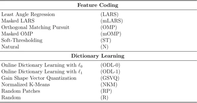 Table 5.1: All combinations of dictionary learning and feature coding approaches. Feature Coding