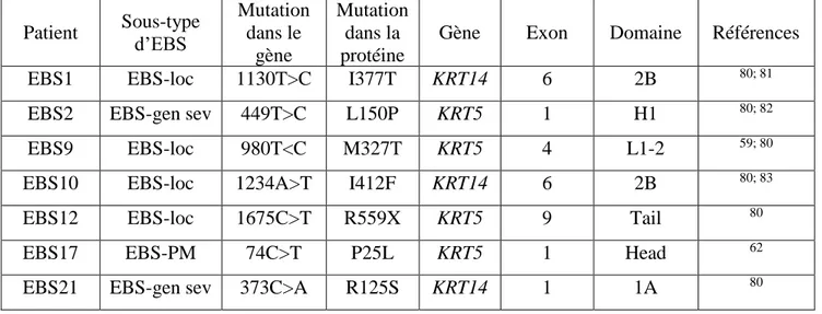 Tableau 3. Mutations présentes chez les patients atteints d’épidermolyse bulleuse  simplex  Patient  Sous-type  d’EBS  Mutation dans le  gène  Mutation dans la protéine 